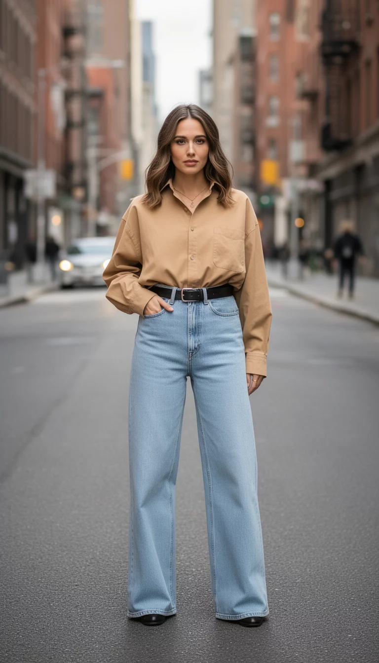 A beautiful woman wearing a tan oversized button-down shirt, tucked into high-waisted light wash wide-leg jeans with a dark belt, she stands facing the camera on a city street.