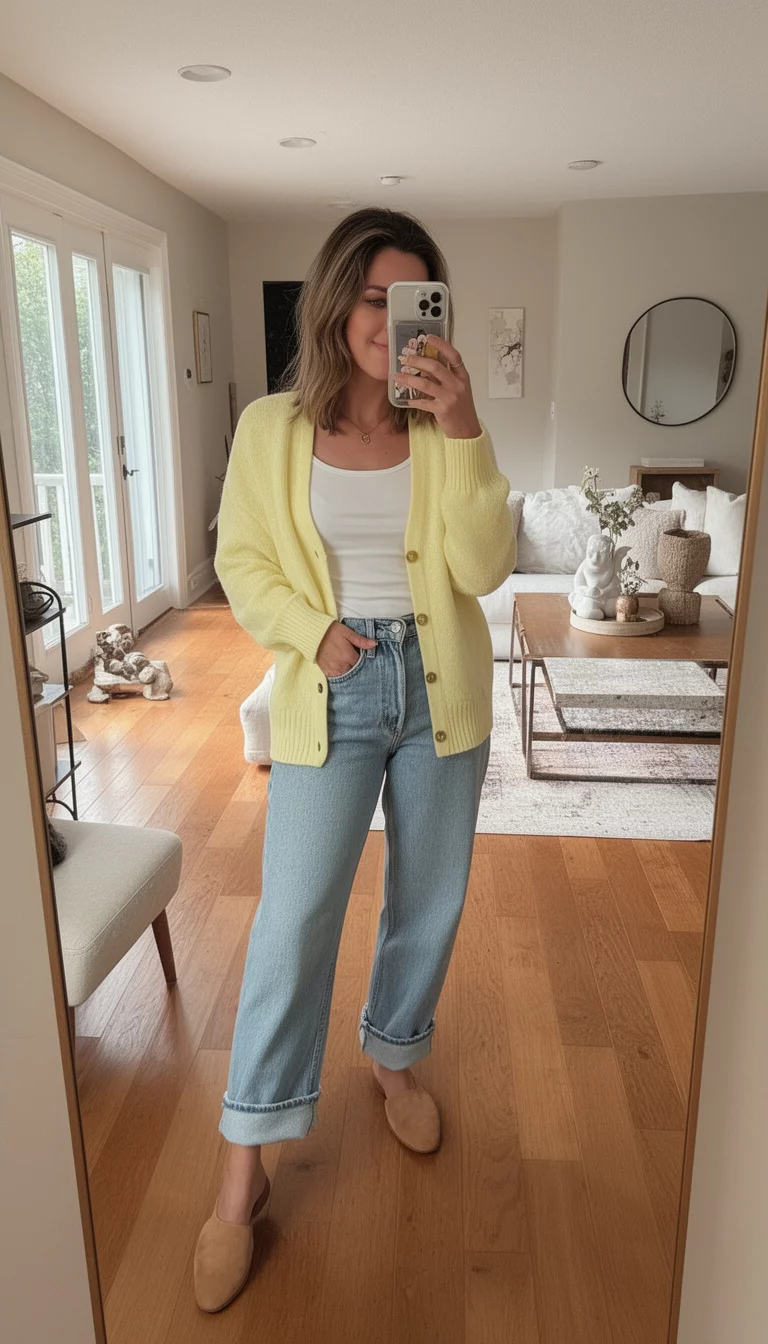 A beautiful woman in a white tank top, light wash cuffed wide-leg jeans, and a pale yellow cardigan, she stands in a living room taking a mirror selfie.