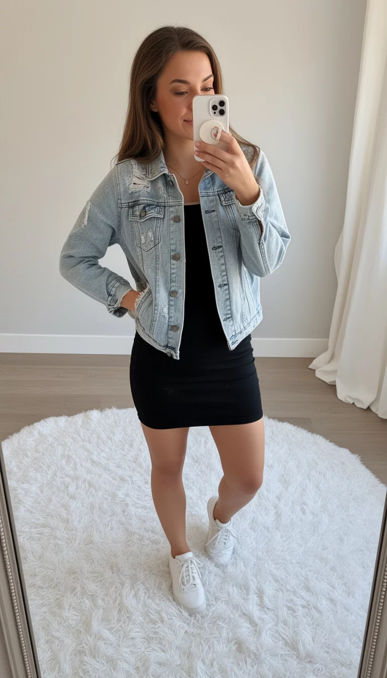 A beautiful woman in a black fitted mini dress, light wash distressed denim jacket, and white sneakers, she poses taking a mirror selfie in a room with a white rug.