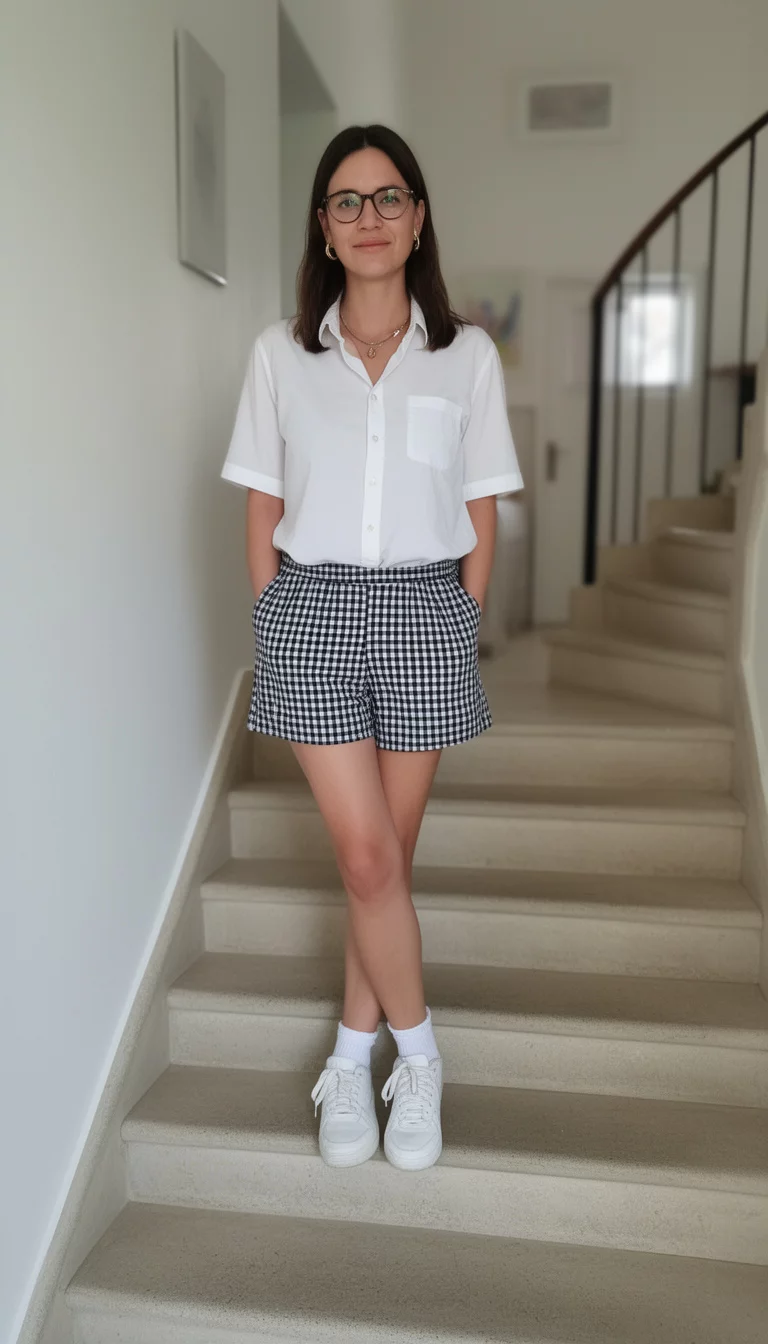 A beautiful woman in a white short-sleeve button-up shirt, black and white gingham shorts, white sneakers with socks, and glasses, she stands on stairs indoors.