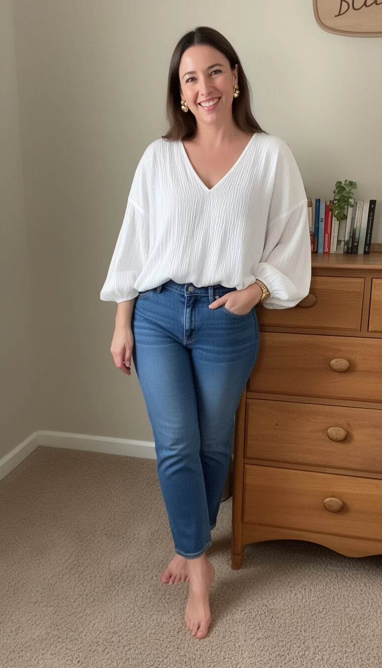 A beautiful woman in a white crinkled loose-fitting V-neck blouse, casual blue jeans, and gold earrings, she smiles while posing barefoot indoors next to a wooden chest of drawers.