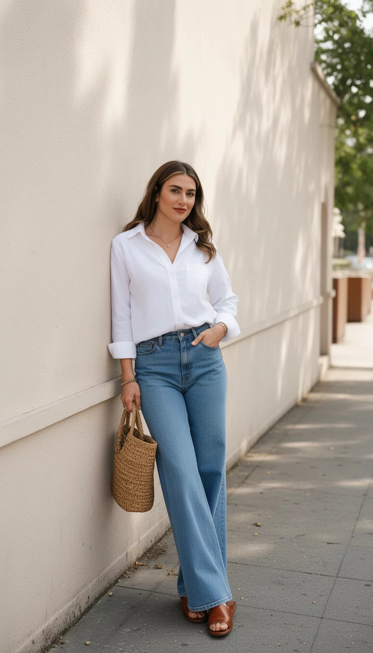 A beautiful woman in a white wide-leg button-down shirt, blue wide-leg jeans, brown leather sandals, and a straw tote bag, she poses outdoors leaning against a light-colored wall.