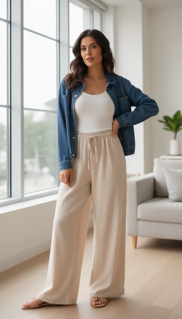 A beautiful woman in a white tank top, a blue denim jacket, light beige wide-leg drawstring pants, and nude slides, she poses indoors near a large window.