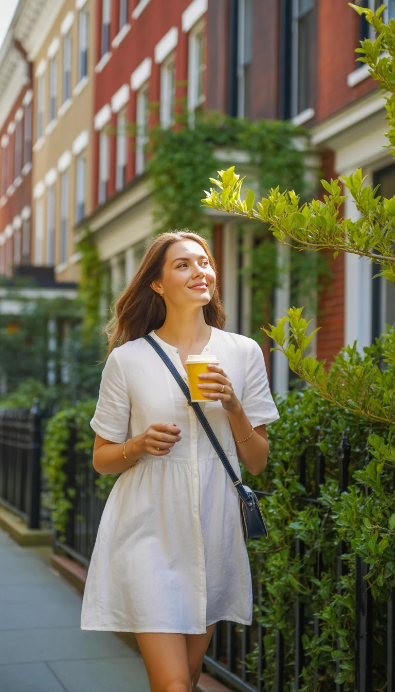 A beautiful woman in a white linen minidress and dark crossbody bag holding a yellow coffee cup, walking past brick townhouses and greenery on a sunny sidewalk.
