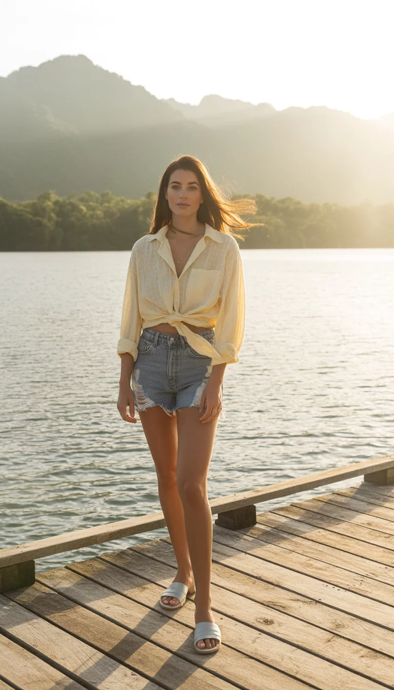 A beautiful woman in a tied yellow button down shirt and distressed denim cut off shorts with white slide sandals, standing on a wooden dock overlooking calm water with a tree lined mountain background.