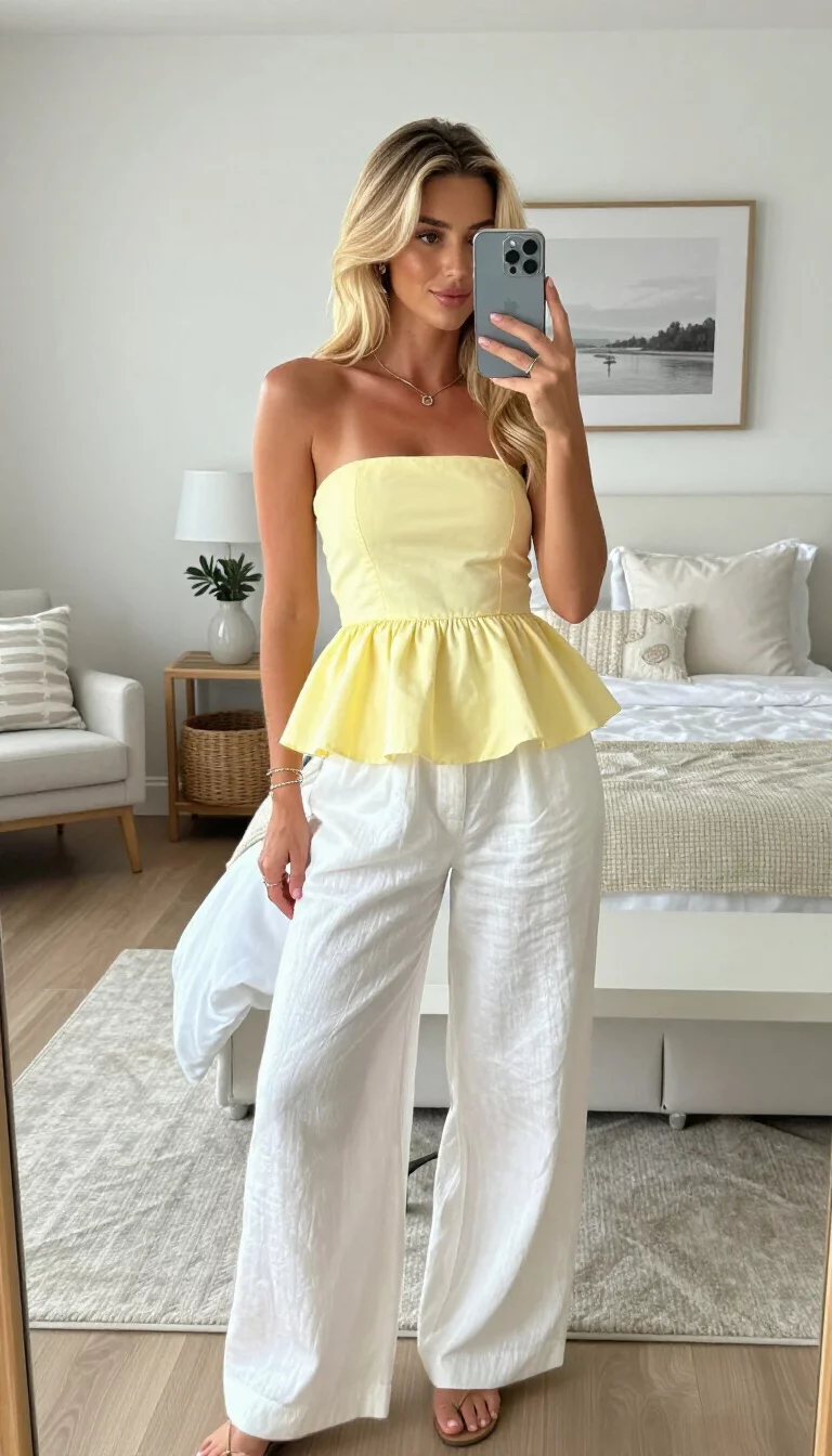 A beautiful blonde woman in a pale yellow peplum bandeau top and wide leg white linen pants, taking a mirror selfie in a bright airy bedroom with white coastal decor.