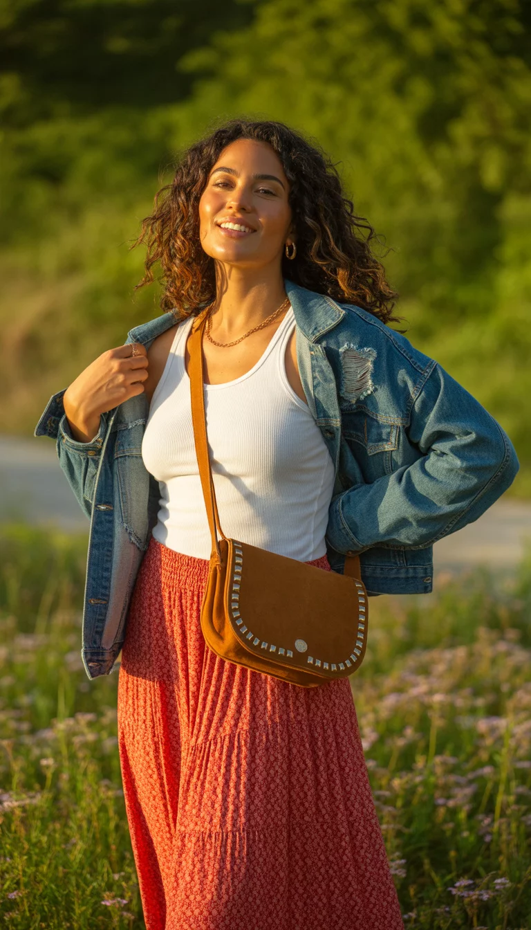A beautiful woman in a white tank top layered under a distressed denim jacket with a red patterned maxi skirt and a studded brown suede crossbody bag.