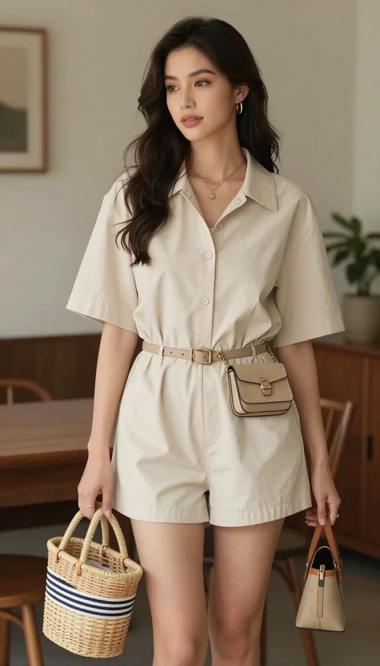 A beautiful woman in a beige collared romper, a belt bag, and holding a striped-handle woven basket, she stands inside near furniture.