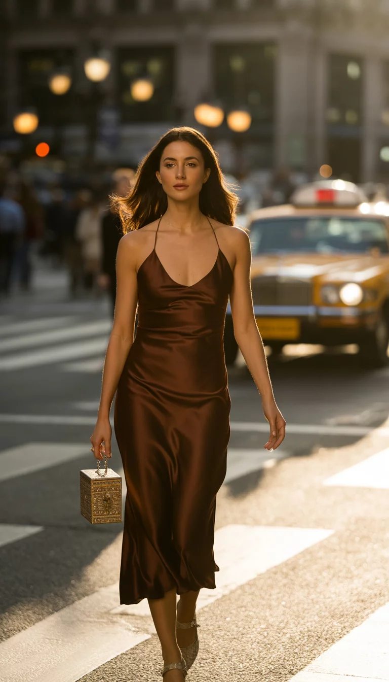 A beautiful woman in a tight brown midi slip dress with a halter neck, she carries a small woven box bag and walks in a city street.