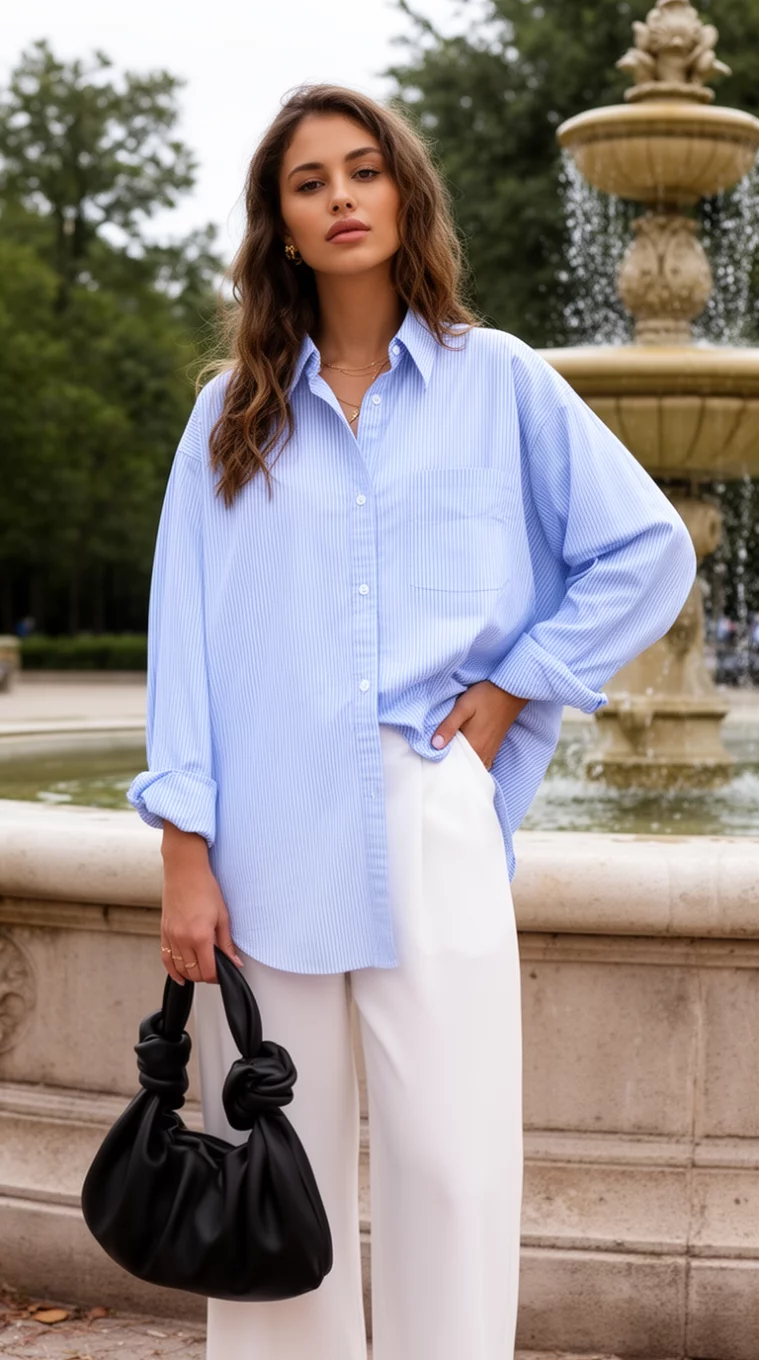 A beautiful woman in an oversized light blue pinstripe button down shirt and white wide leg trousers holds a black knotted bag while posing near a stone fountain.