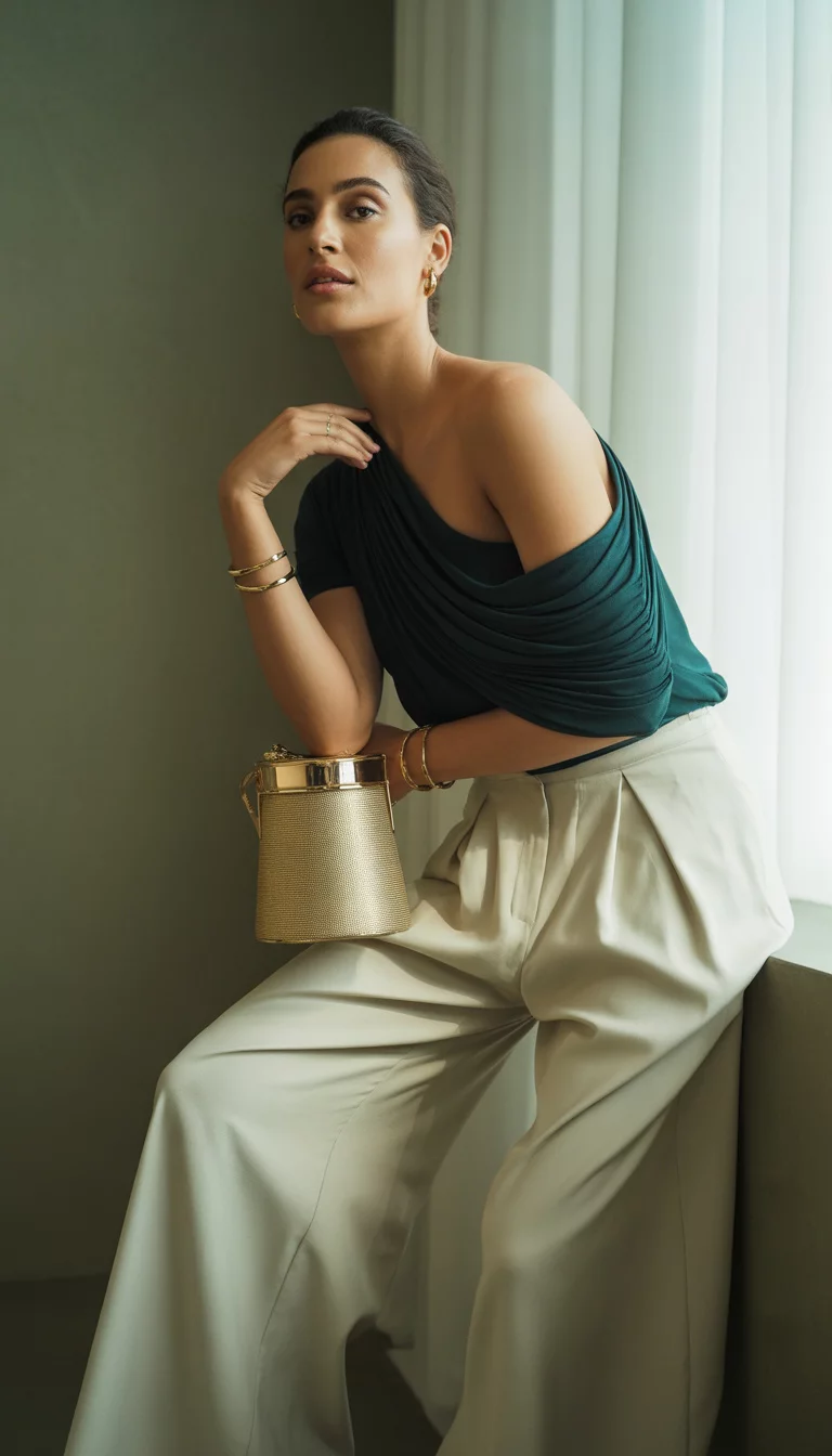 A beautiful woman wears a draped off the shoulder dark top with wide cream trousers, accessorizing with a small gold bucket bag and gold bracelets indoors.