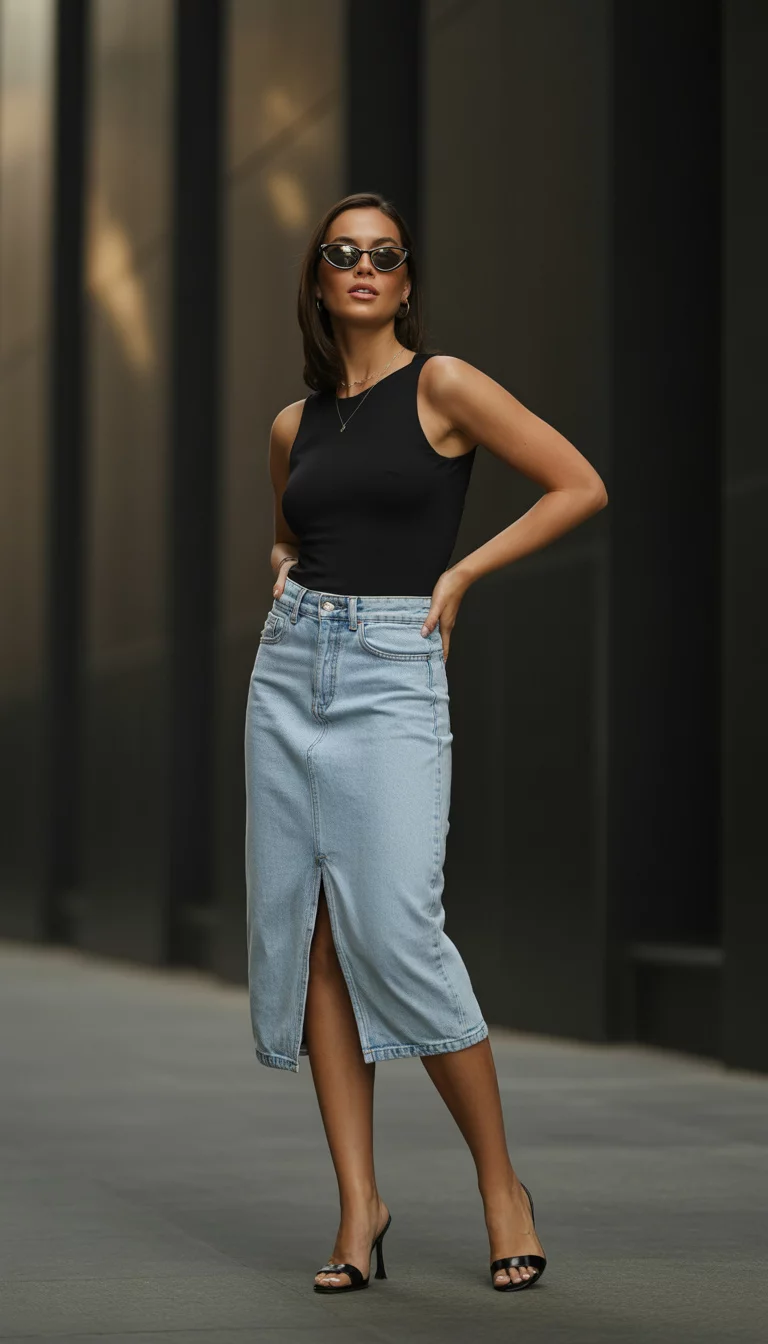 A beautiful woman wears a black sleeveless top tucked into a light wash denim pencil midi skirt with a front slit, paired with black heeled sandals and sunglasses.