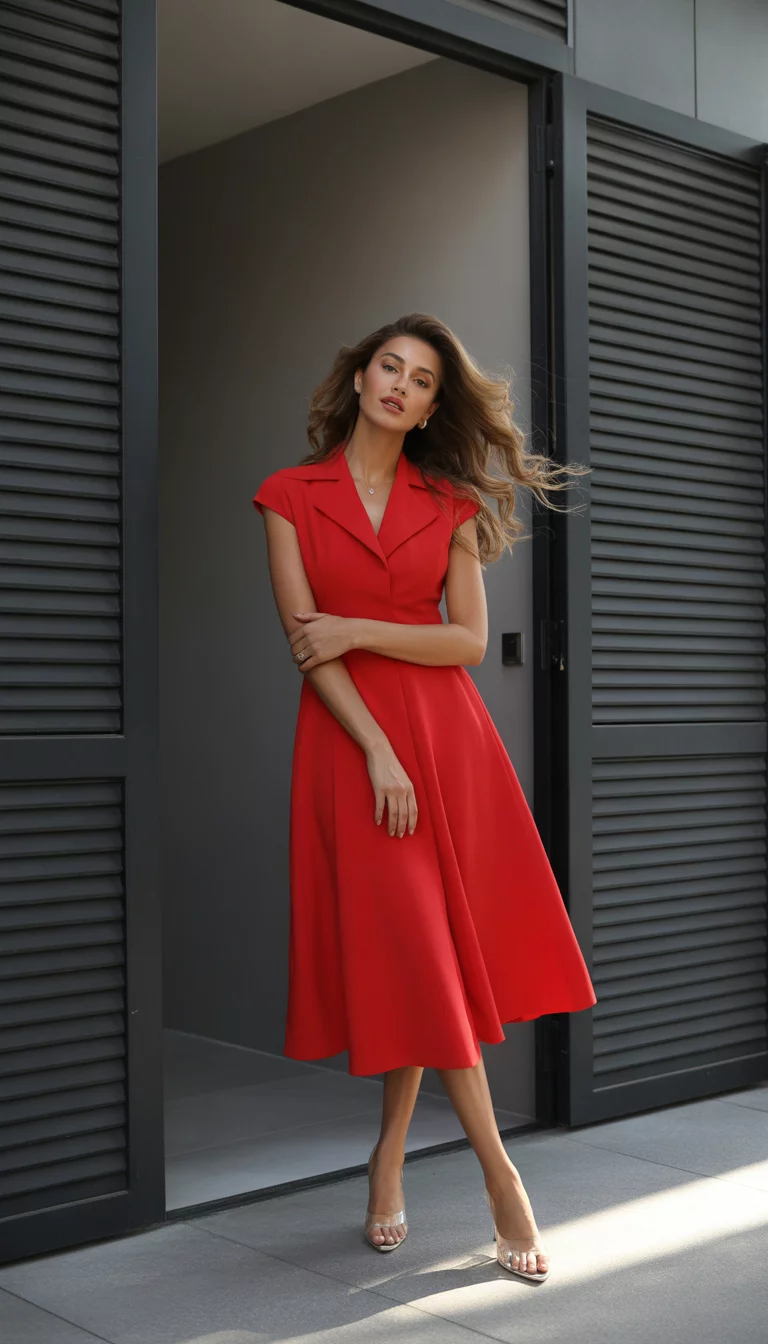 A beautiful woman models a bright red collared belted midi dress with cap sleeves and clear heels, posing by a gray entrance with black shutters.