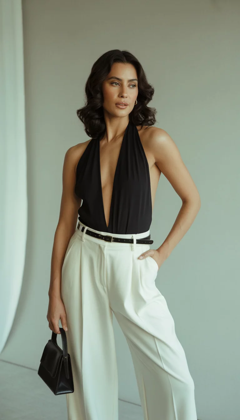 A beautiful woman wears a plunging black halter bodysuit tucked into high waisted white wide leg trousers, cinched with a black belt, holding a small black handbag indoors.