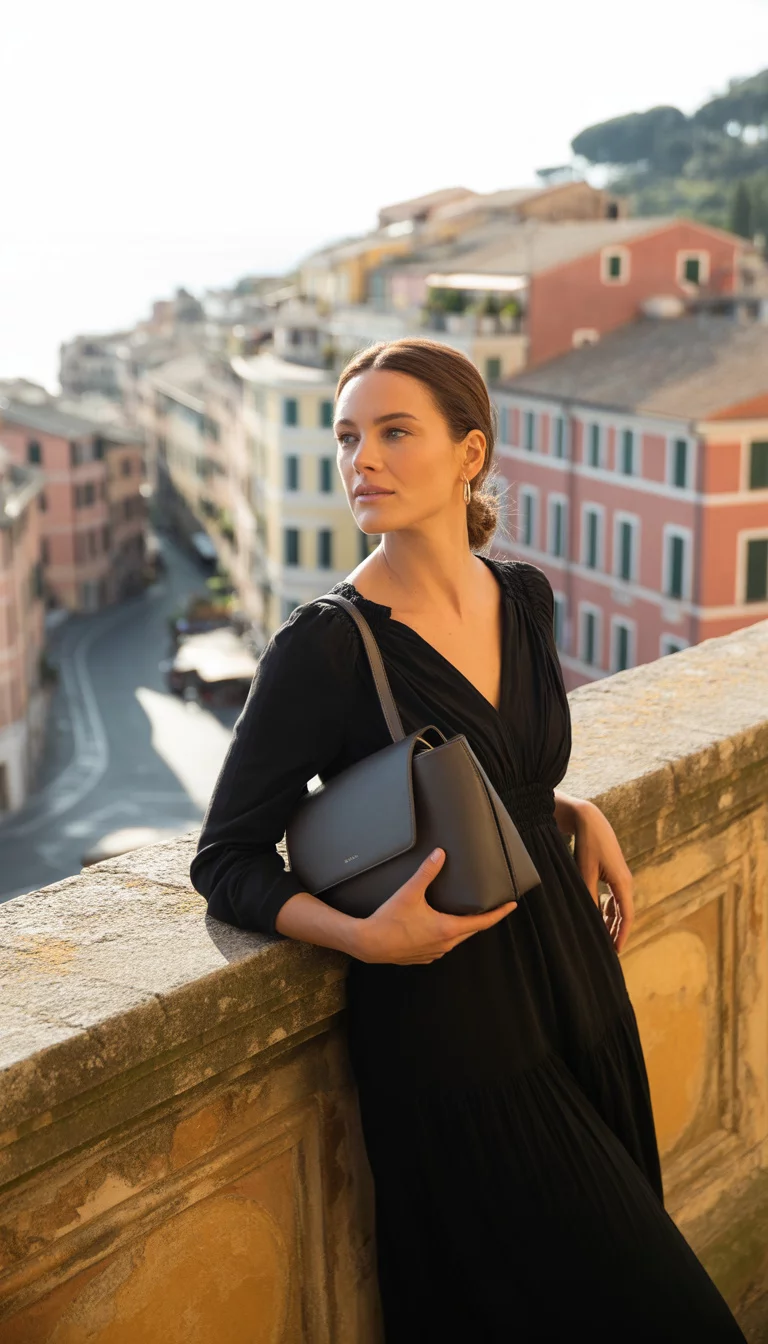 A beautiful woman in a long black v neck dress and dark handbag leans on a stone balustrade overlooking a sunny Italian coastal town with colorful buildings.