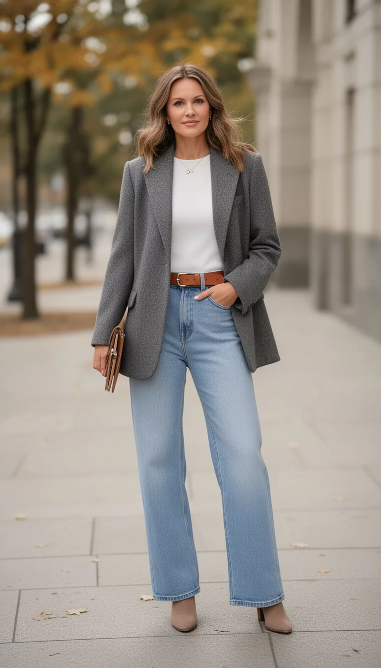 A beautiful woman in a gray wool blazer, white top, brown belt, light blue wide-leg jeans, taupe ankle boots.