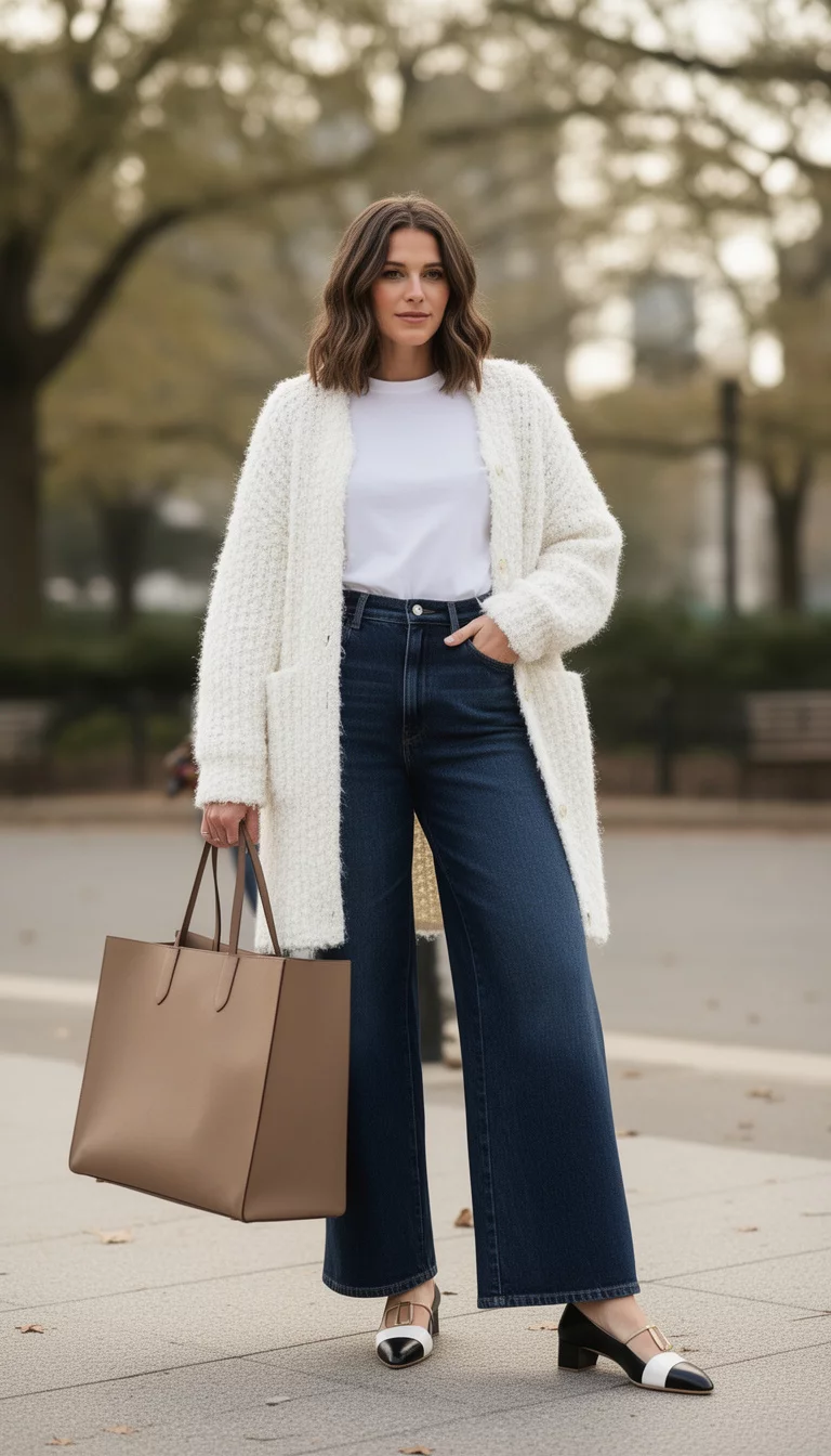 A beautiful woman in a textured white cardigan, white t-shirt, dark blue wide-leg jeans, two-tone cap-toe low heels, she carries a large tote.