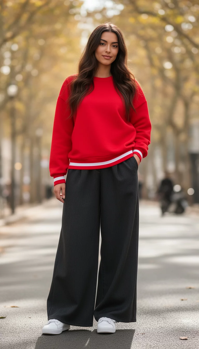 A beautiful woman in a bright red sweatshirt with white trim, wide dark trousers, white sneakers.