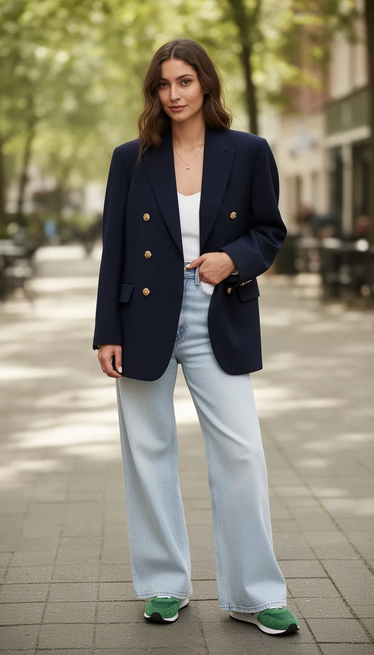 A beautiful woman in an oversized navy blazer with gold buttons, white top, light wide-leg jeans, green sneakers, and white socks.