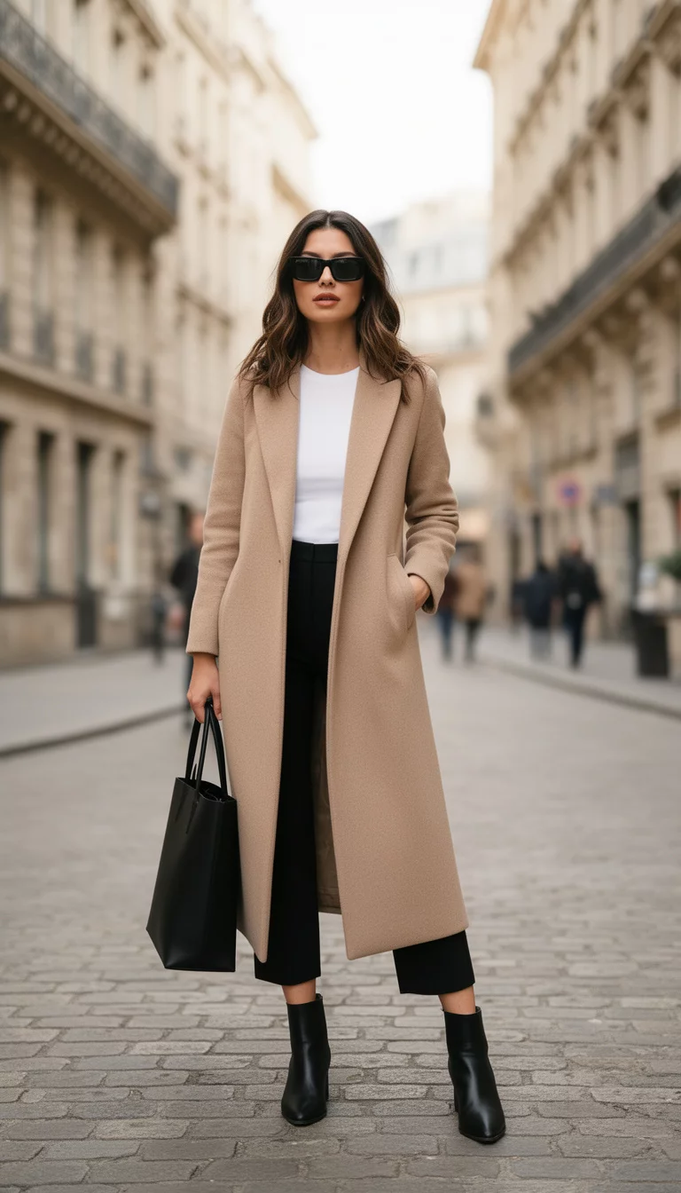 A beautiful woman in a long beige coat, white top, cropped black trousers, black ankle boots, she carries a black tote bag and wears black sunglasses.