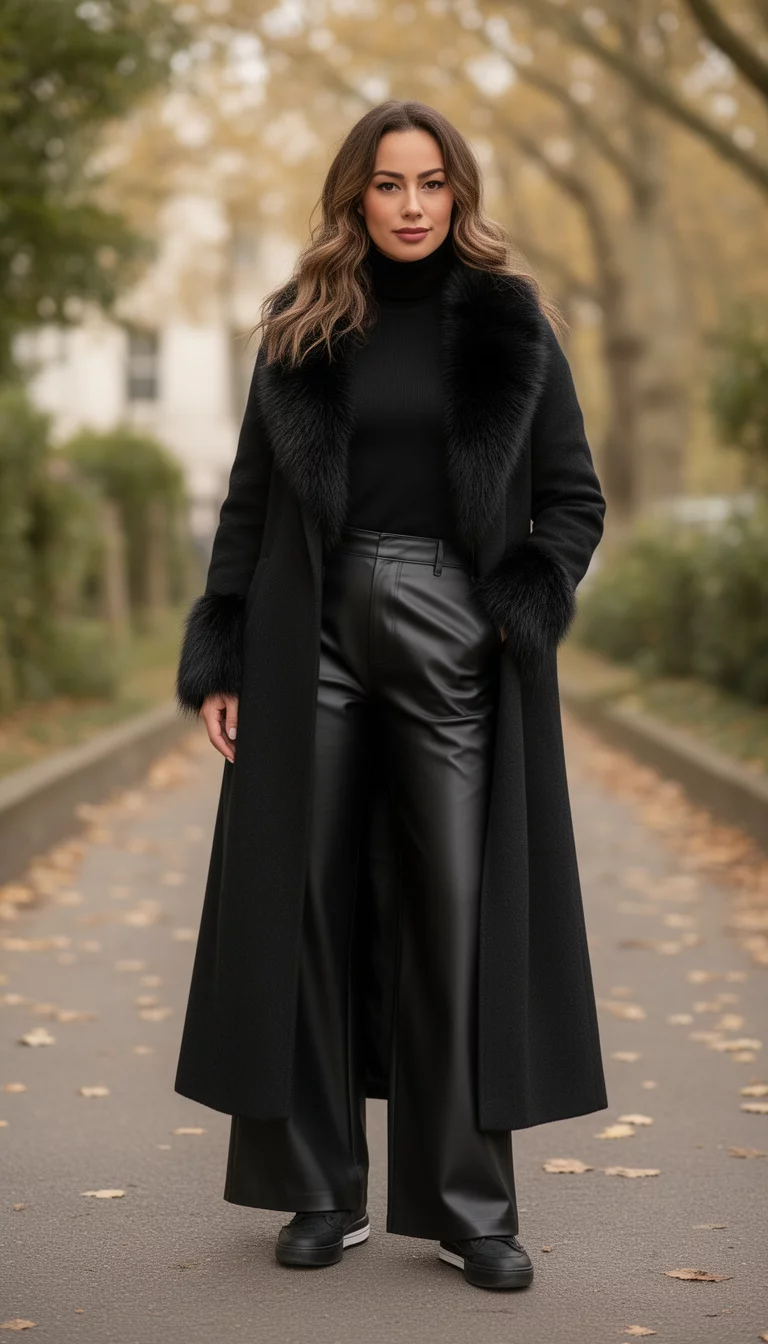 A beautiful woman in a long black faux fur-trimmed coat, black turtleneck, black faux leather wide-leg pants, black sneakers.