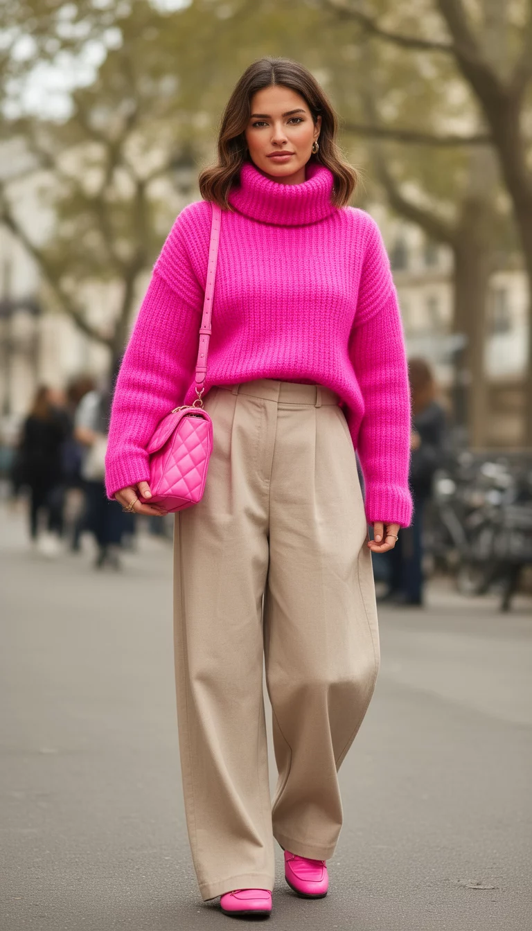 A beautiful woman in a bright pink chunky turtleneck sweater, wide beige trousers, pink loafers, she carries a pink quilted shoulder bag.