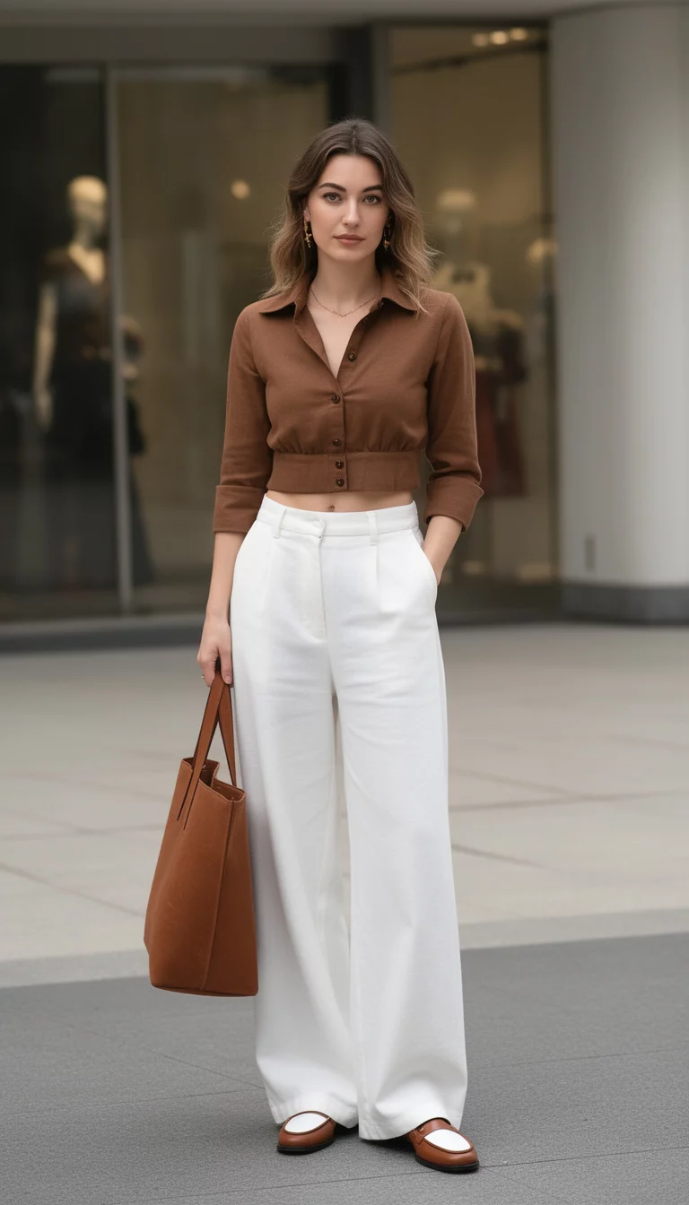 A beautiful woman in a brown cropped button-up top, wide white pants, brown and white two-tone loafers, she carries a brown tote bag.