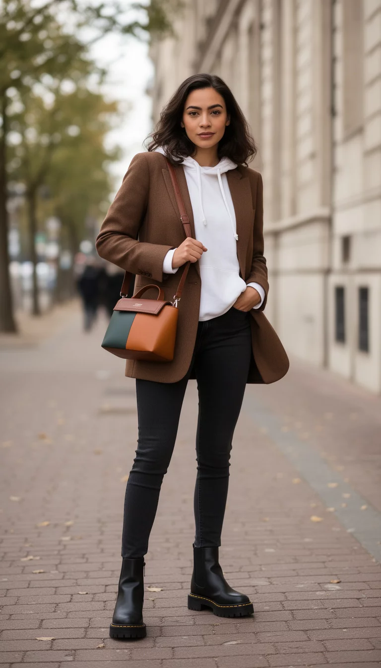 A beautiful woman in a brown blazer, white hoodie, dark skinny pants, black lug-sole boots, she carries a color-block shoulder bag.