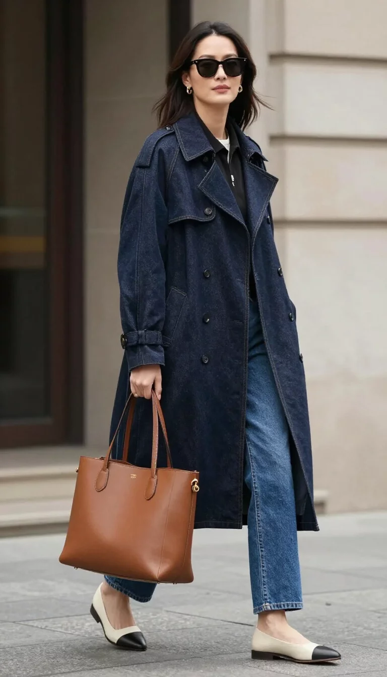 A beautiful woman in a long dark denim trench coat, blue jeans, two-tone flats, she carries a large brown tote bag.