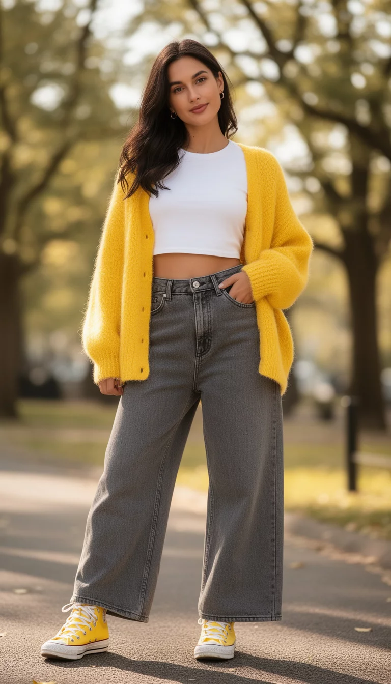 A beautiful woman in a fuzzy yellow cardigan, white crop top, wide-leg gray jeans, yellow high-top sneakers.