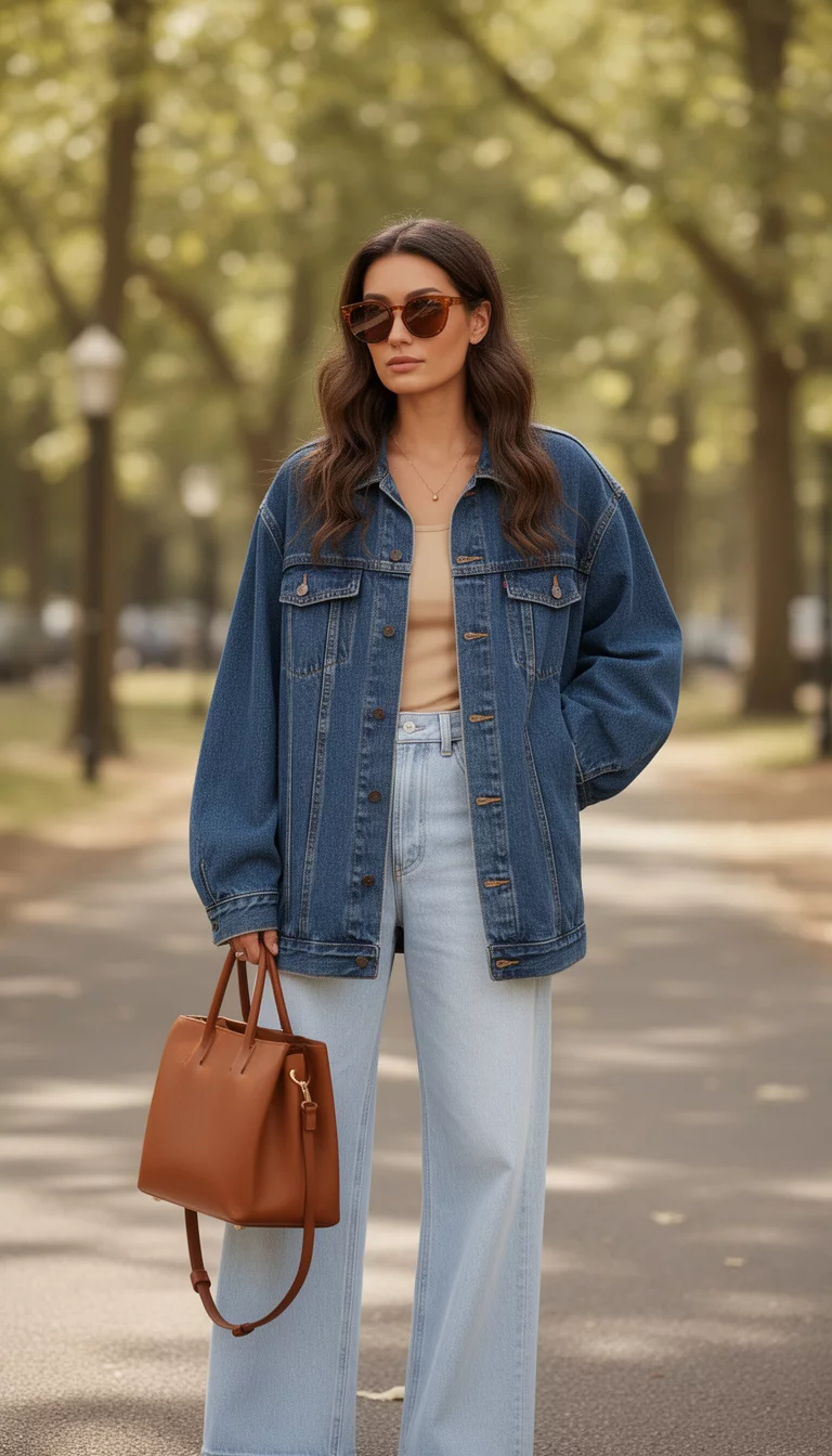 A beautiful woman in an oversized denim jacket, beige top, light-wash wide-leg jeans, she carries a brown handbag and wears brown sunglasses.
