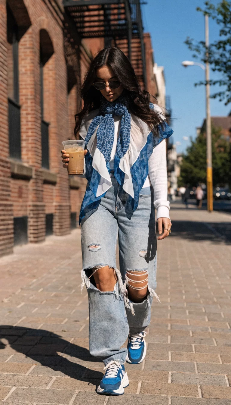 A beautiful woman in a blue and white scarf top, light-wash ripped jeans, and blue and white sneakers, holding an iced coffee outdoors.