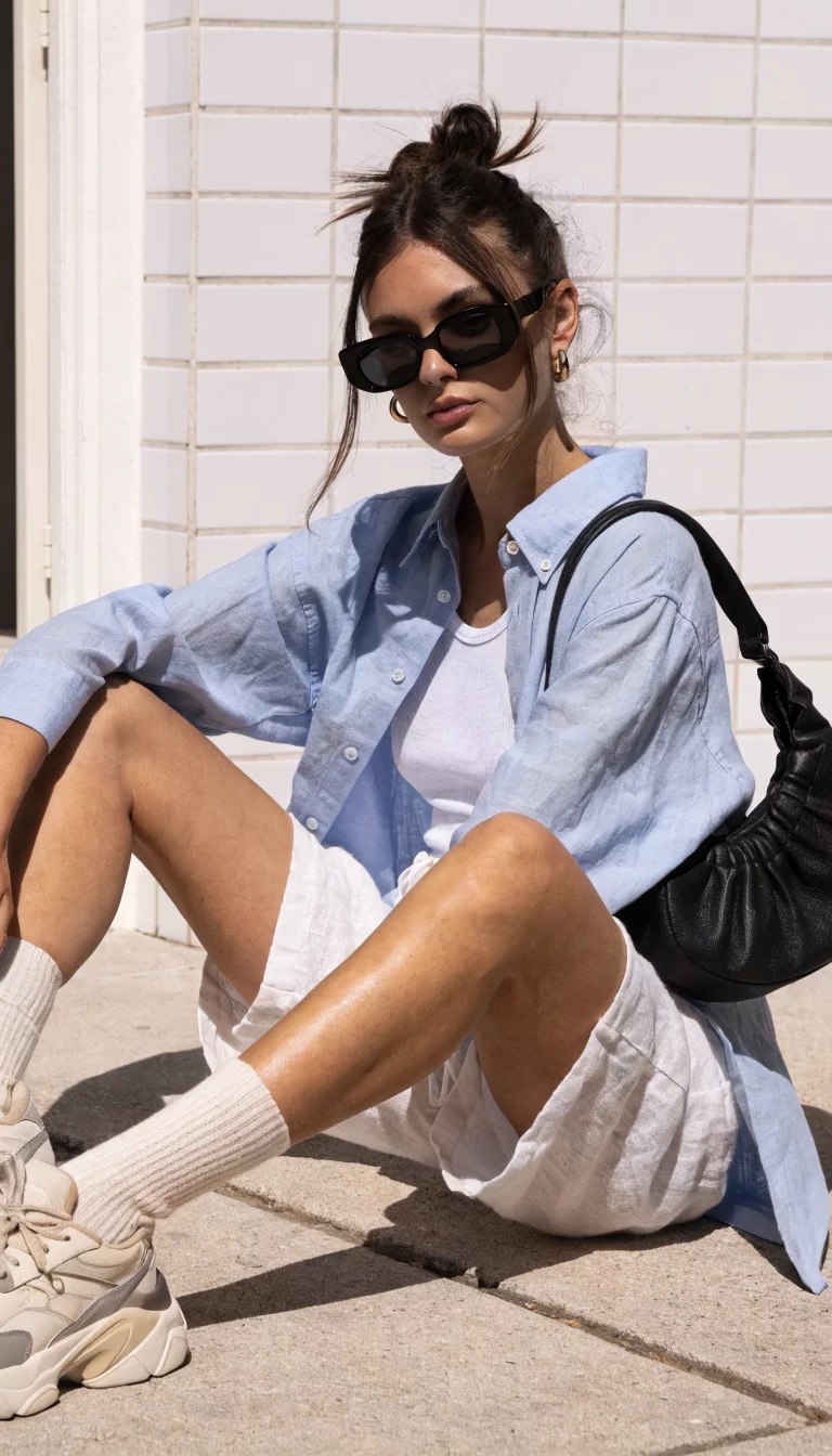 A beautiful woman in a light blue oversized button-down shirt, a white ribbed tank, white shorts, black sunglasses, and carrying a black bag, against a white tiled wall.