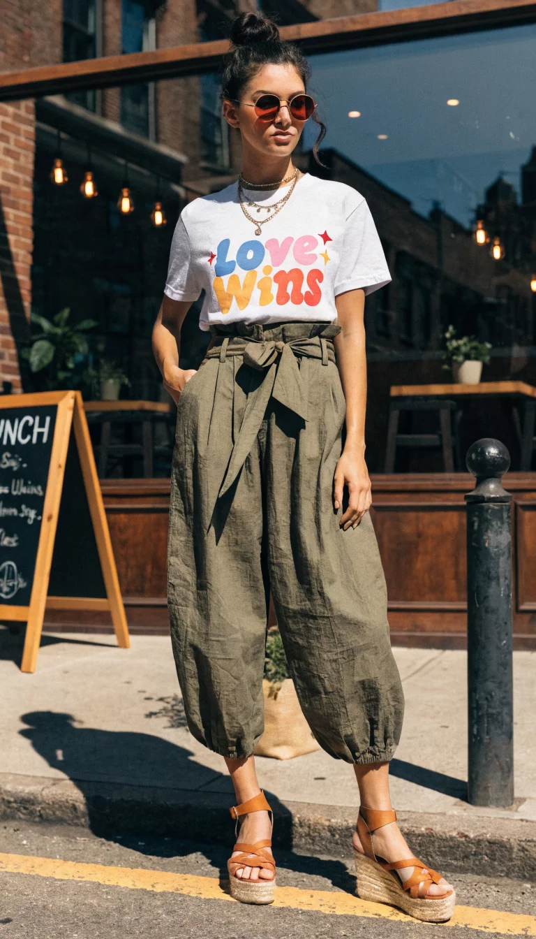 A beautiful woman in a white love+wins+graphic+tee, olive green paperbag waist pants tied with a sash, and tan wedge sandals, standing outside a cafe setting.