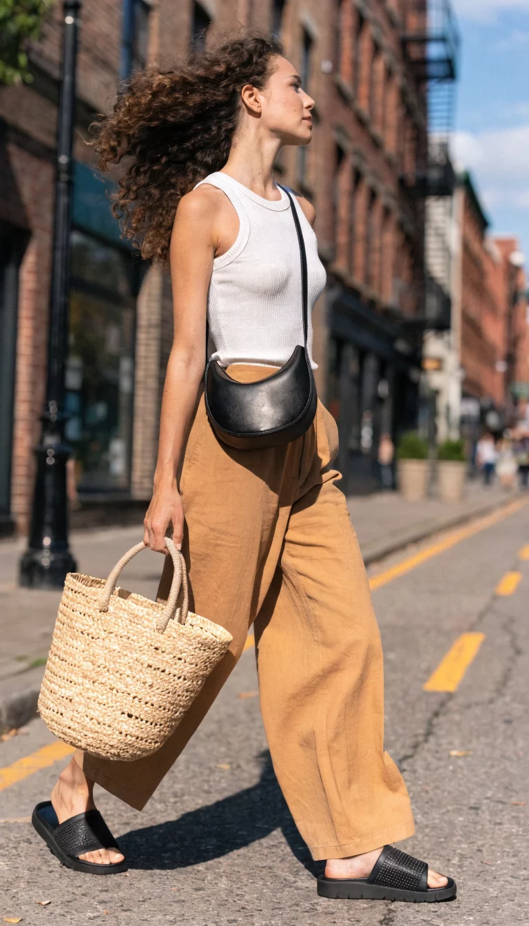 A beautiful woman in a white ribbed tank top, high-waisted camel wide-leg trousers, black slide sandals, a black crossbody bag, and a large straw tote.