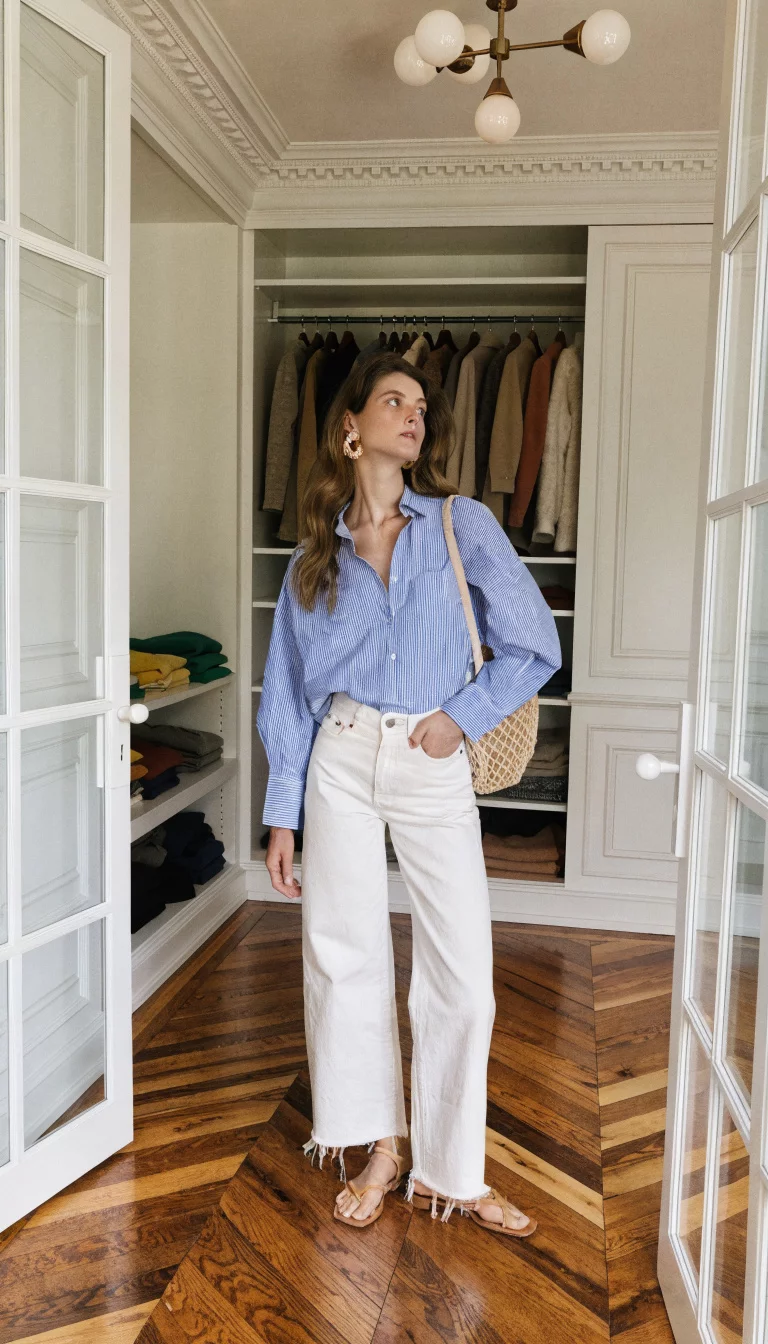 A beautiful woman in a blue and white striped button-down shirt, white frayed jeans, and carrying a woven bag, standing in a luxurious white closet with a herringbone floor.