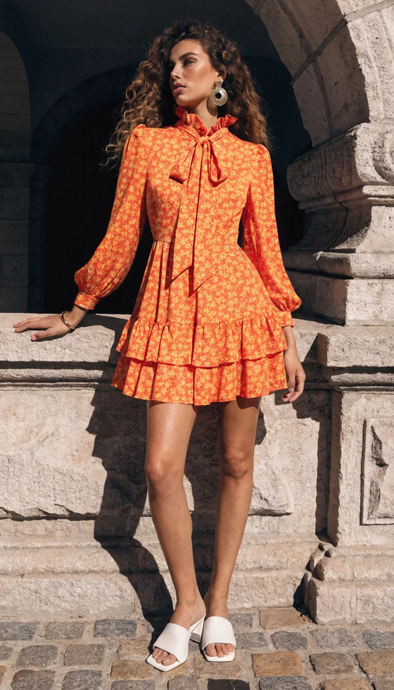 A beautiful woman in a tiny orange and yellow floral print tie-front mini dress and white slide heels, posing against a stone wall.
