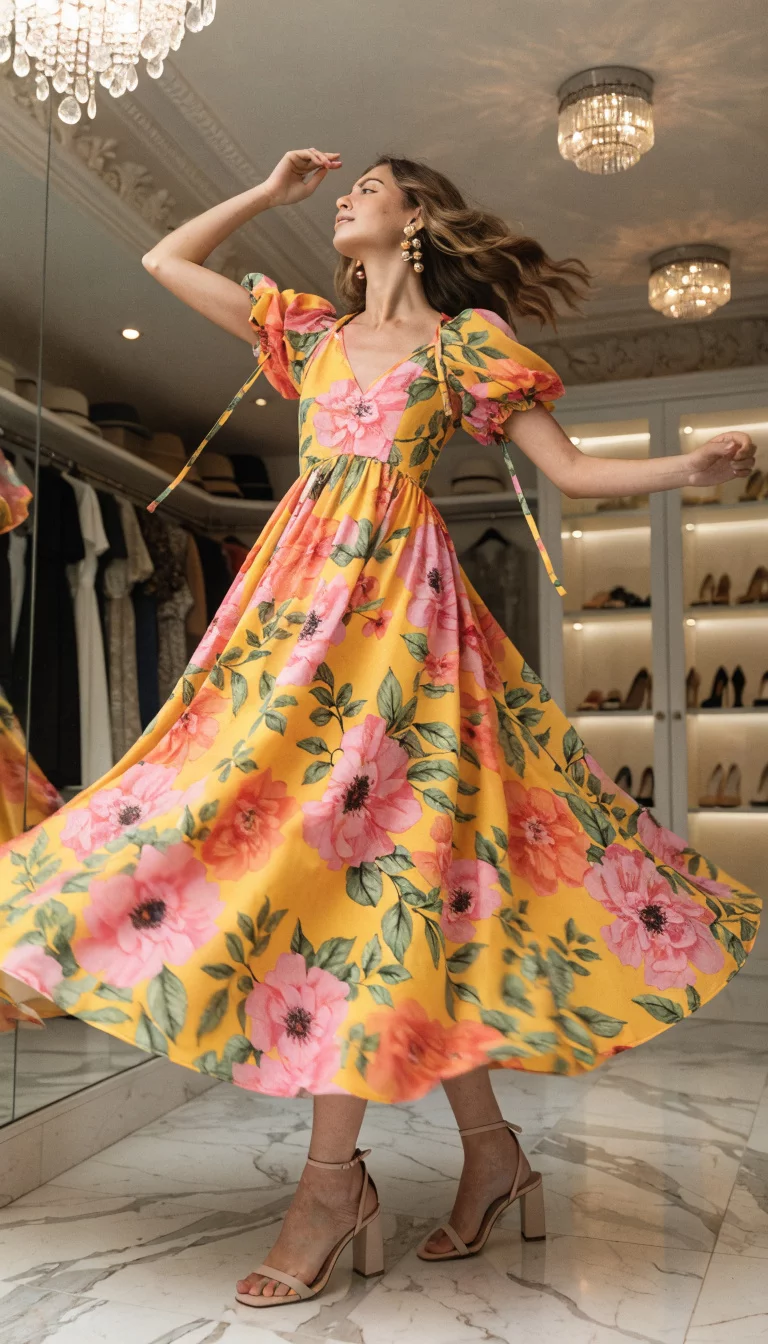 A beautiful woman in a vibrant yellow pink and orange floral print sundress with tie straps and nude sandals, twirling in a large closet.