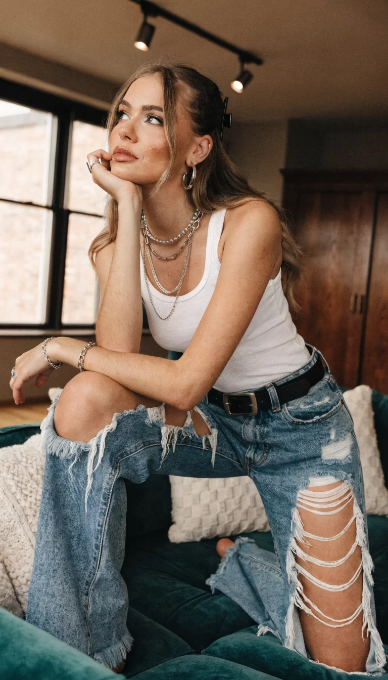 A beautiful woman in a white tank top, low-slung distressed jeans, and a black belt, kneeling on a dark teal velvet sofa.
