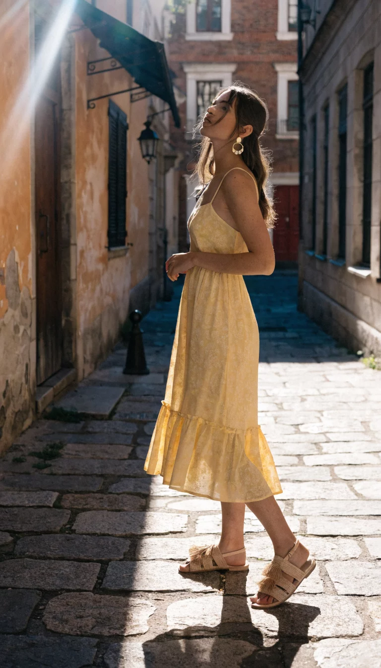 A beautiful woman in a pale yellow spaghetti-strap midi dress and sandals, standing in a narrow European alleyway with sunbeams.