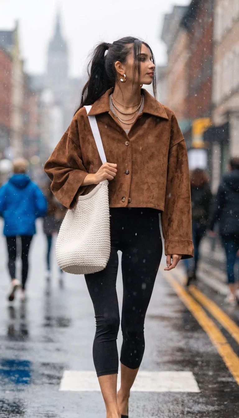 A beautiful woman in a brown cropped suede jacket, black capri-length leggings, dark sheer flat shoes, and carrying a white bucket bag.