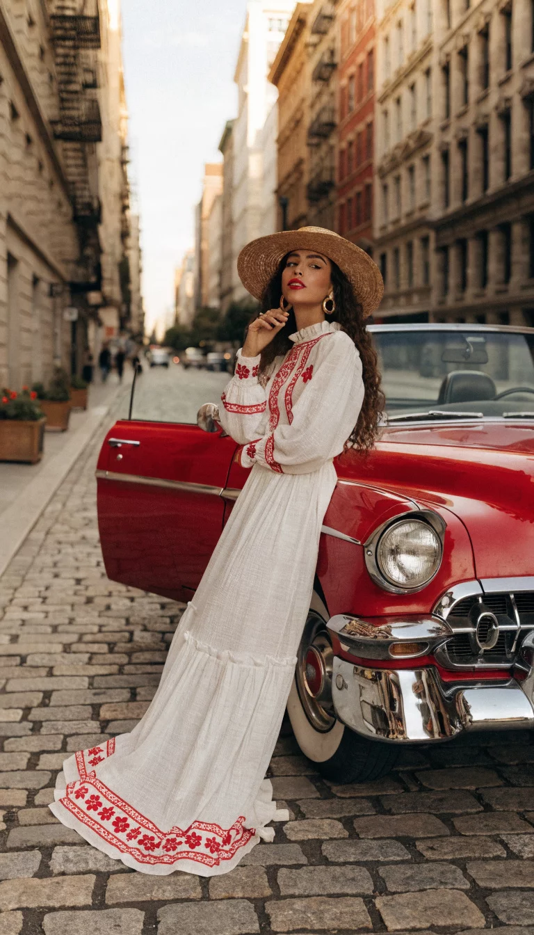 A beautiful woman in a white maxi dress with red embroidery and a straw hat, leaning against a vintage red Chevrolet convertible.