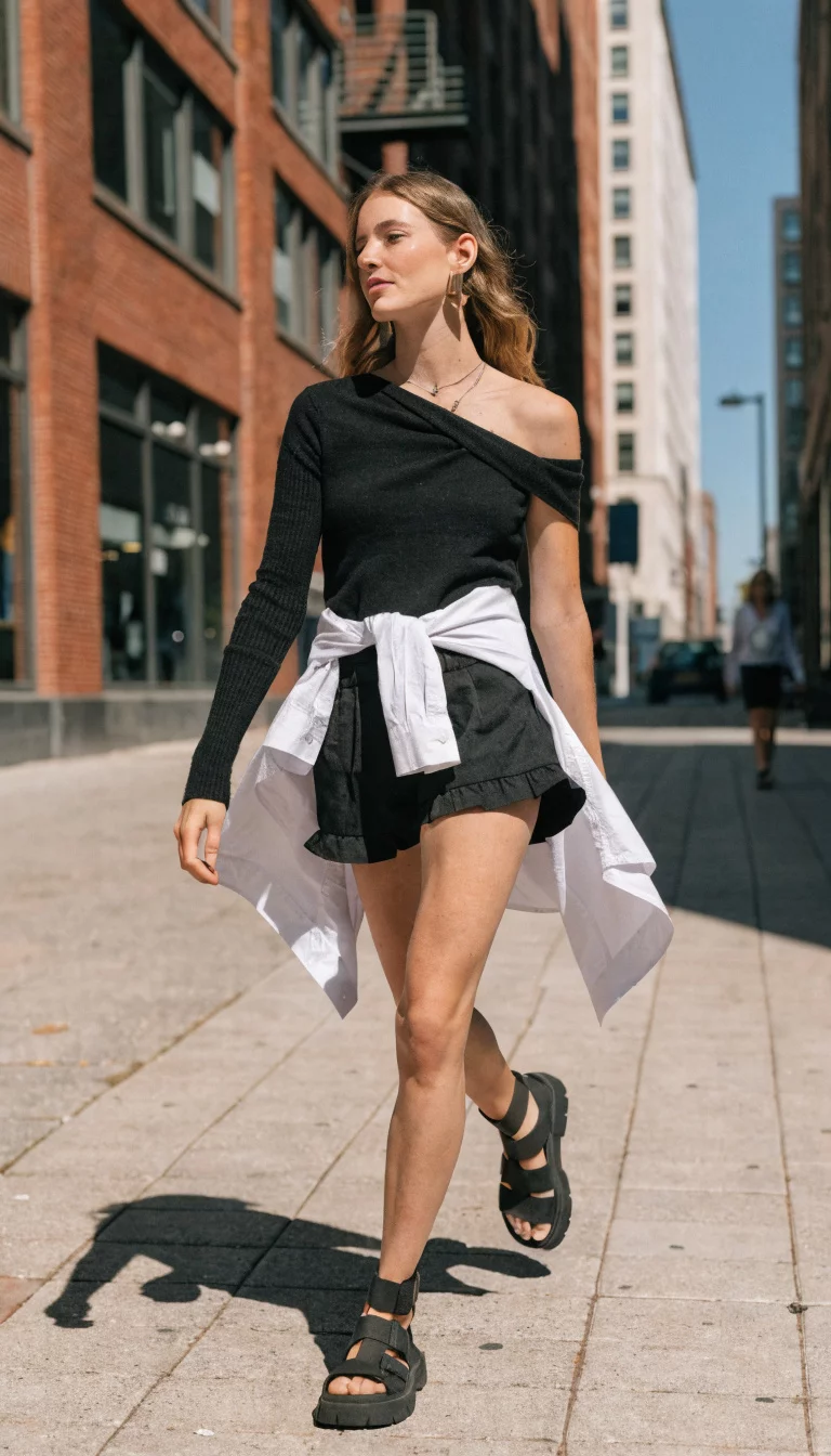 A beautiful woman in a black asymmetrical long-sleeve top, black shorts, black sporty sandals, and a white shirt tied around her waist.