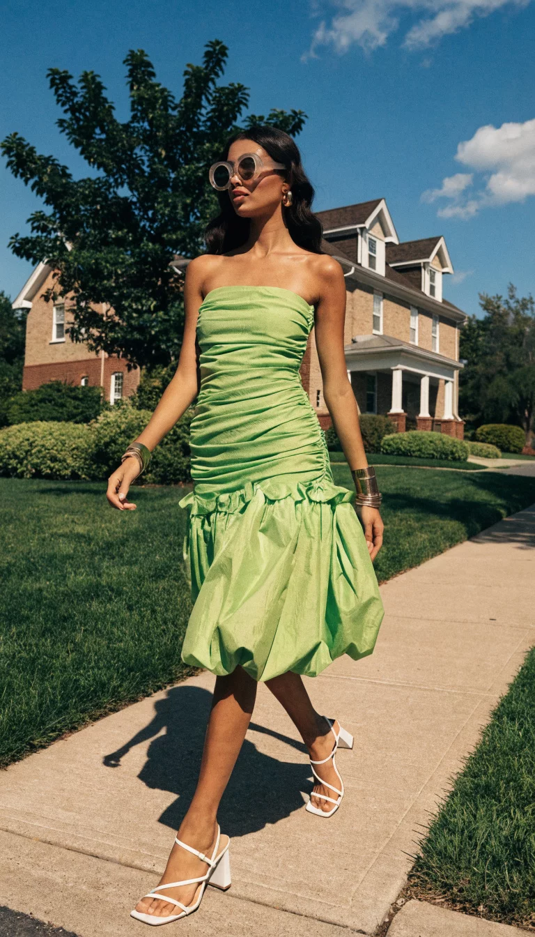 A beautiful woman in a bright lime green strapless midi dress and white heeled sandals, walking on a sidewalk past green lawns and a traditional house under a sunny sky.