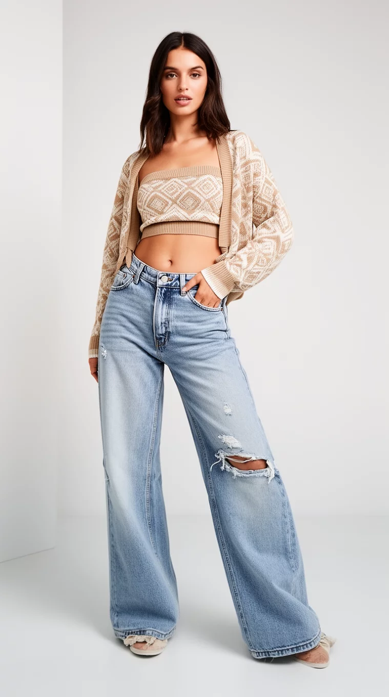 A beautiful woman in a beige graphic knit bandeau, a matching cropped cardigan, very wide-leg distressed light-wash blue jeans, she poses in a minimalist studio.