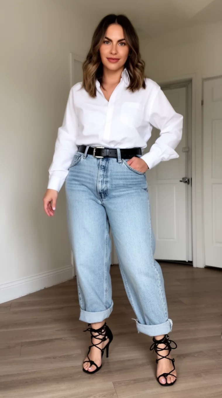 A beautiful woman in a tucked-in white button-down shirt, light wash cuffed baggy denim pants, a black leather belt, black lace-up high-heeled sandals, she poses indoors.