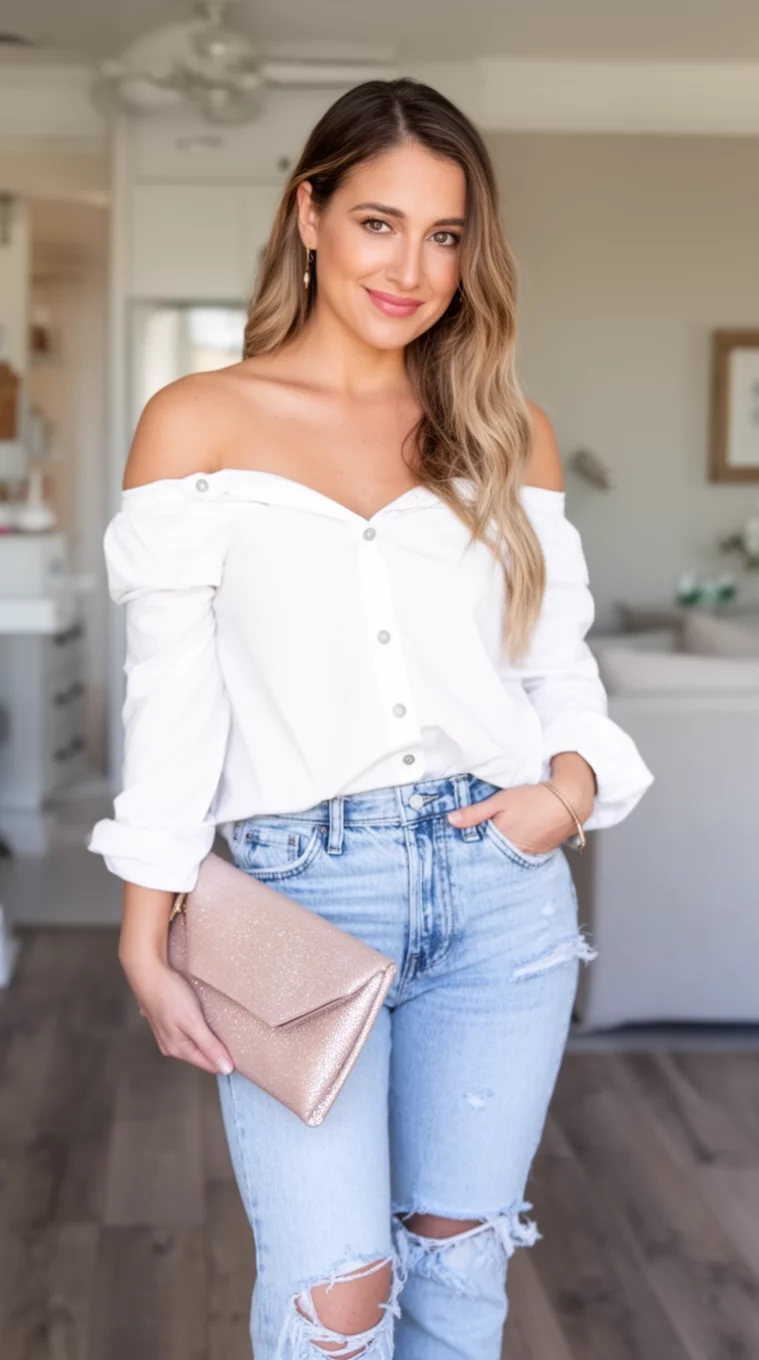 A beautiful woman in light-wash distressed mom style jeans, a white off-the-shoulder button-up shirt, she carries a shimmering nude clutch bag while posing indoors.