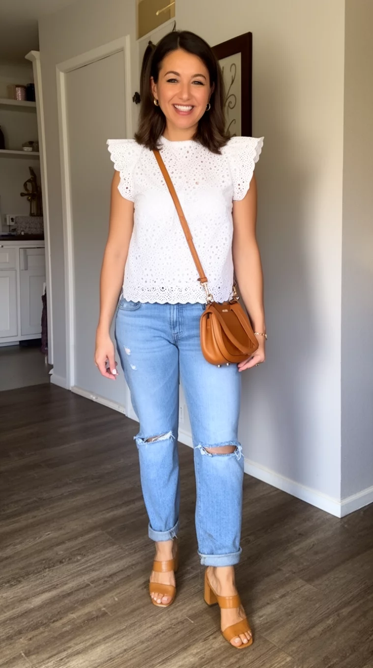A beautiful woman in a white eyelet cap-sleeve top, light wash distressed cuffed jeans, tan block-heeled sandals, she carries a small tan crossbody bag while smiling indoors.