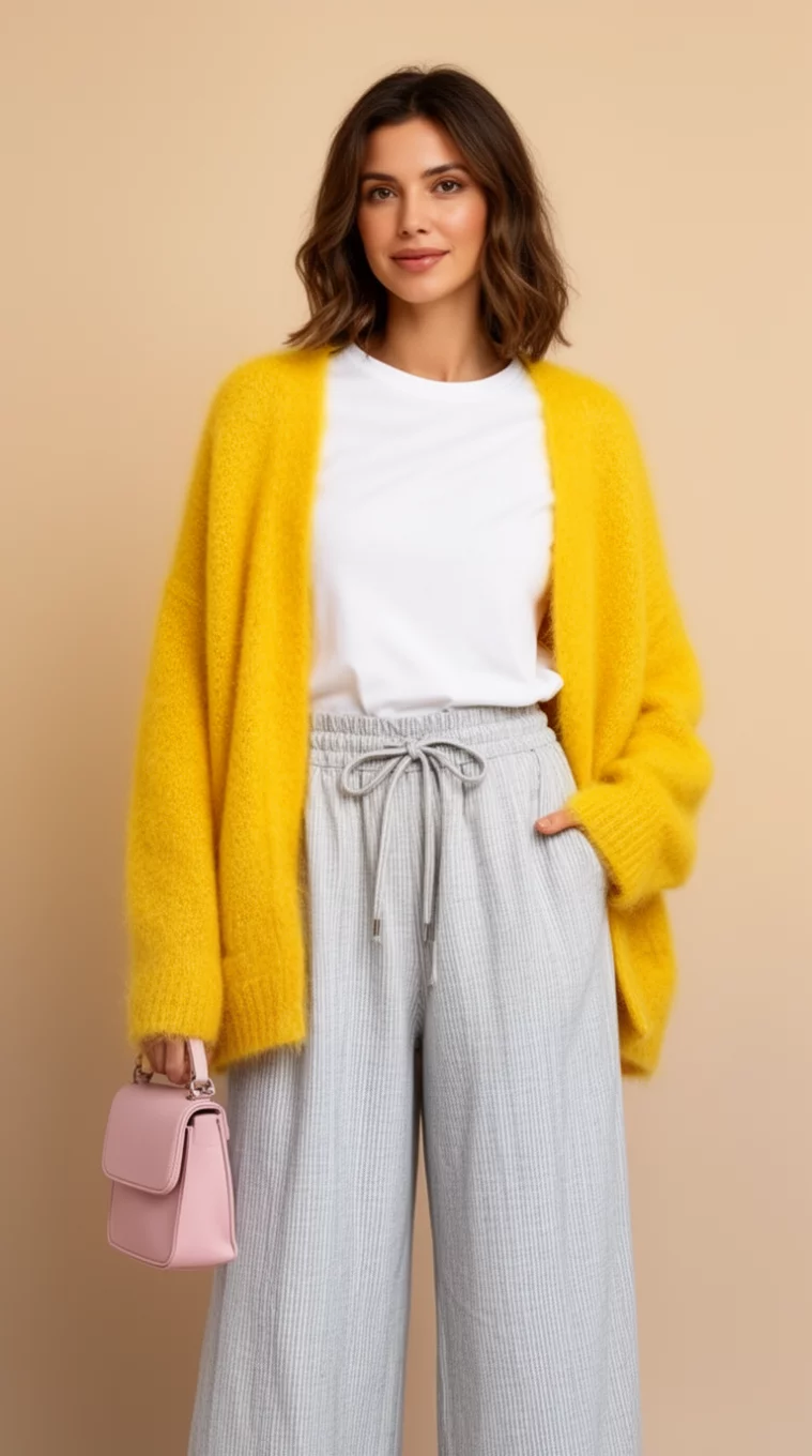 A beautiful woman in a white t-shirt, light grey subtly striped wide-leg drawstring pants, an oversized bright yellow fuzzy cardigan, she carries a small light pink bag.