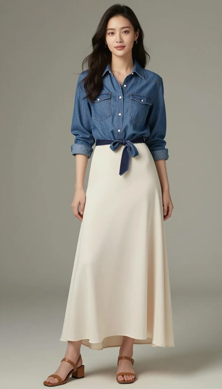 A beautiful woman in a denim button-down shirt tied at the waist with a dark belt, a long flowing cream slip skirt, tan sandals.